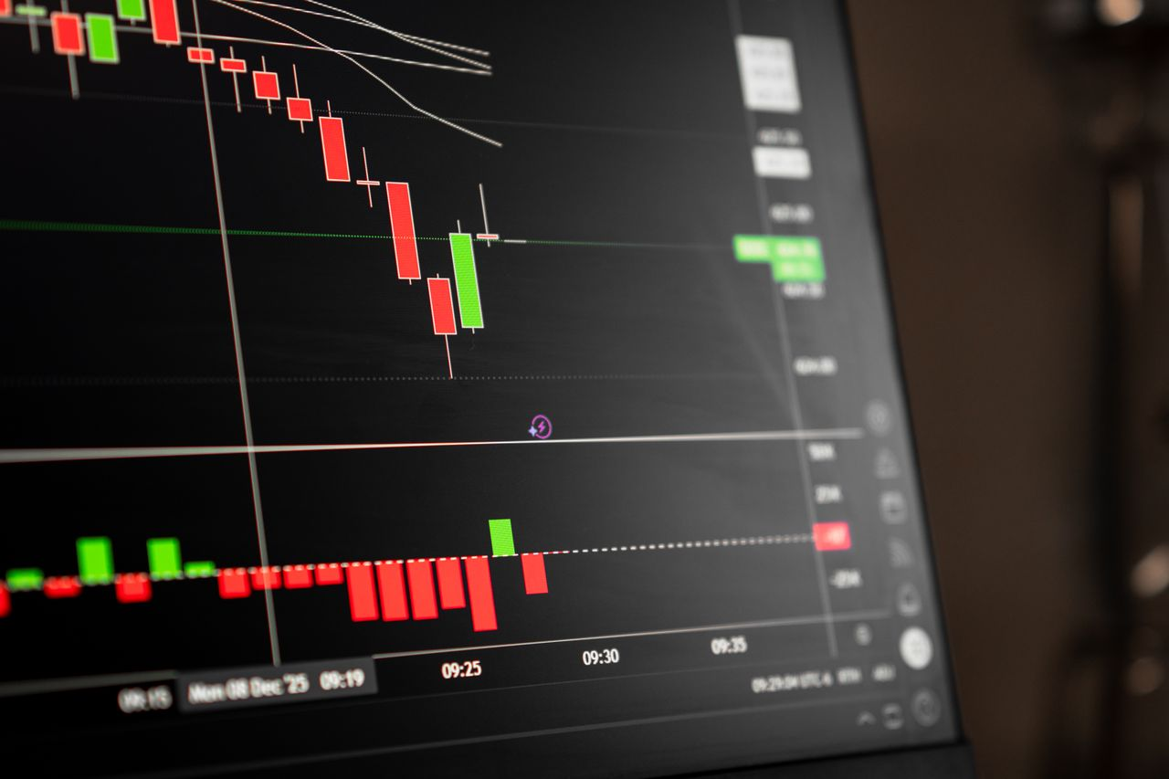 A close-up of a digital screen showing stock market candlestick chart data