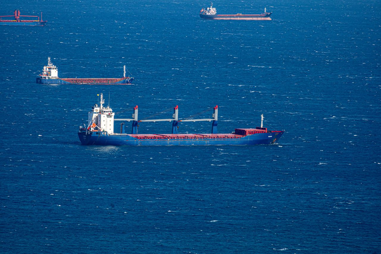 Aerial view of multiple cargo ships in sea
