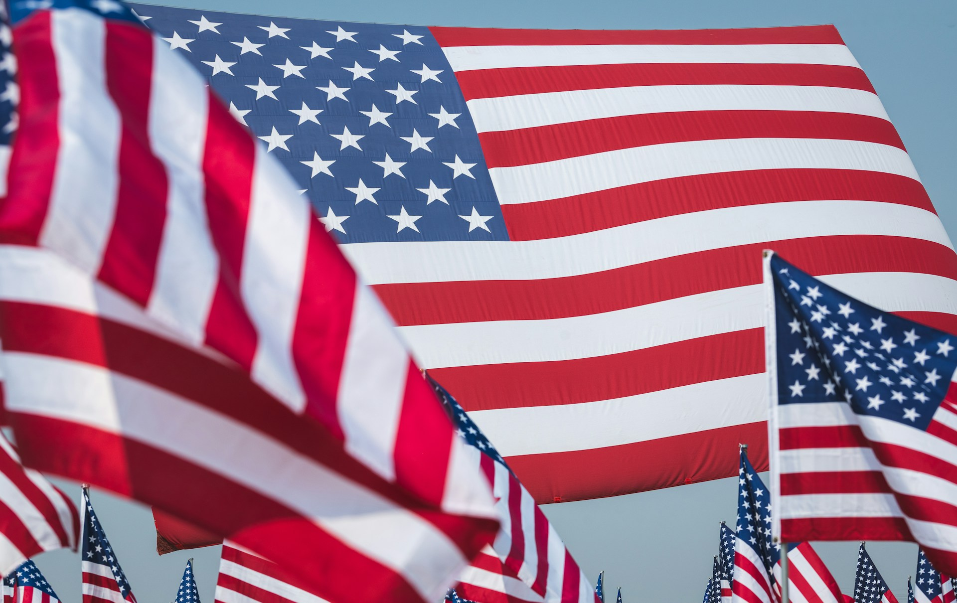 A close up of multiple USA flags