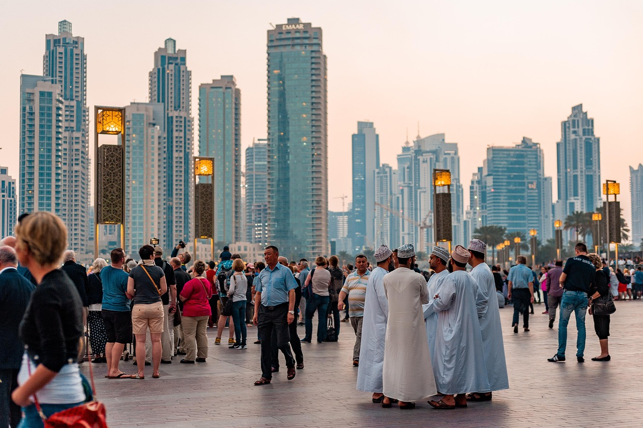 A group of people in downtown Dubai