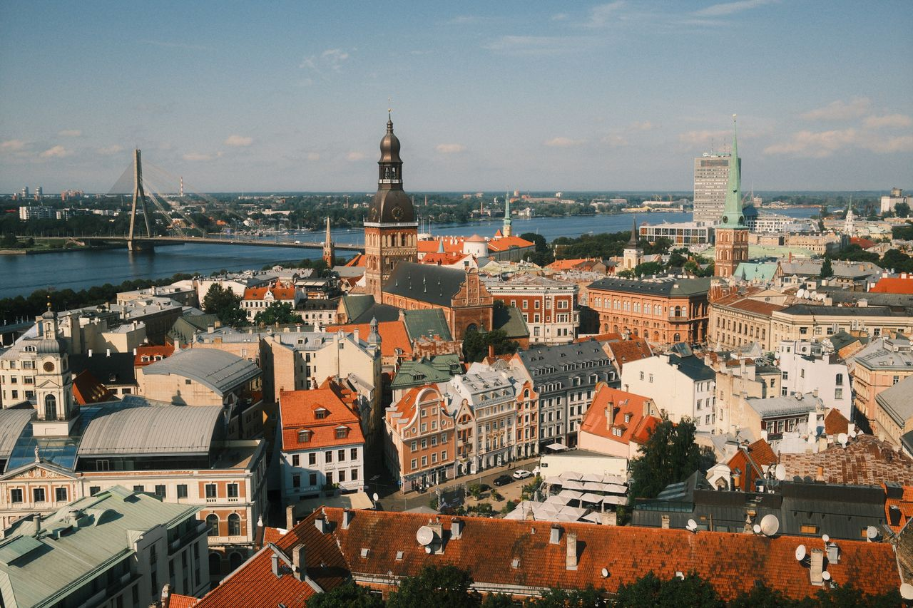 Aerial photograph of Riga's historic center and Daugava River skyline in Latvia