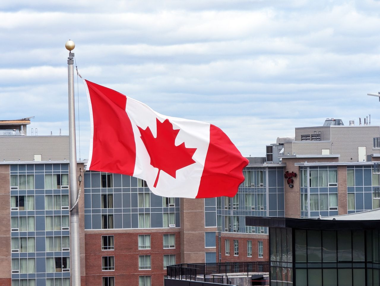 Canadian flag on a pole waving against modern buildings