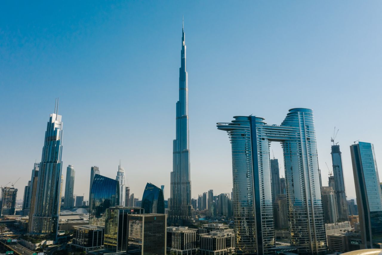 Dubai's skyline highlighting the Burj Khalifa and modern skyscrapers