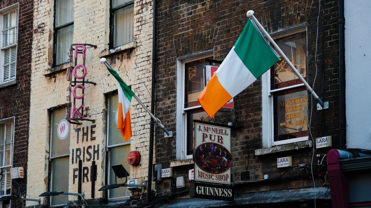 Exterior view of an Irish pub in Dublin with flags