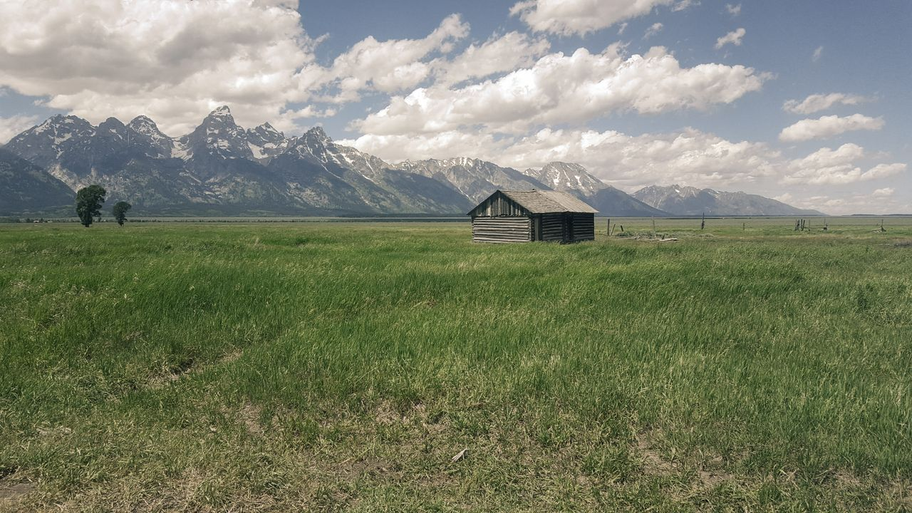 Rustic cabin in lush green field under a cloudy sky in Wyoming